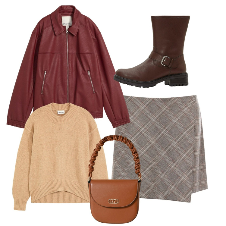 Outfit donna - Portafoglio. Stile Bon Ton per Ufficio. Abbinamento con blazer, maglieria, stivali, borse a mano, minigonne.