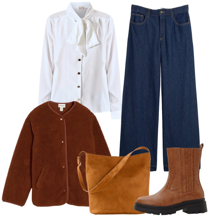 Outfit donna - Total look. Stile Casual chic per Tutti i giorni. Abbinamento con blazer, borse a mano, stivaletti chelsea, jeans dritti, bluse.