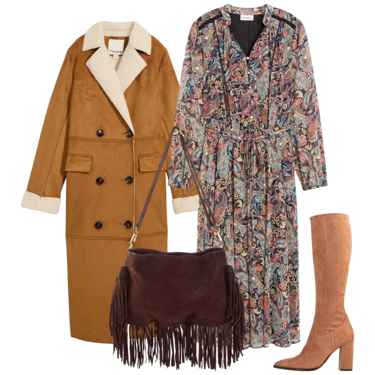 Outfit donna - Stile boho. Stile Boho per Tutti i giorni. Abbinamento con cappotti, vestiti, borse a tracolla, stivali.