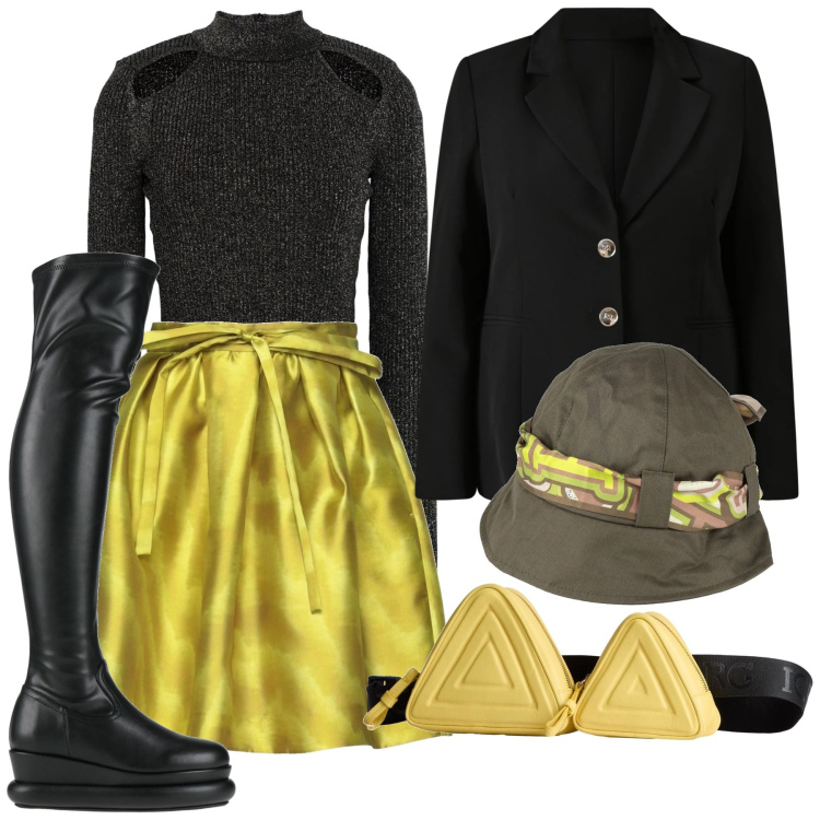 Outfit donna - Serata urban. Stile Urban per Serata fuori. Abbinamento con cappelli, minigonne, maglieria, stivali, marsupi, blazer.