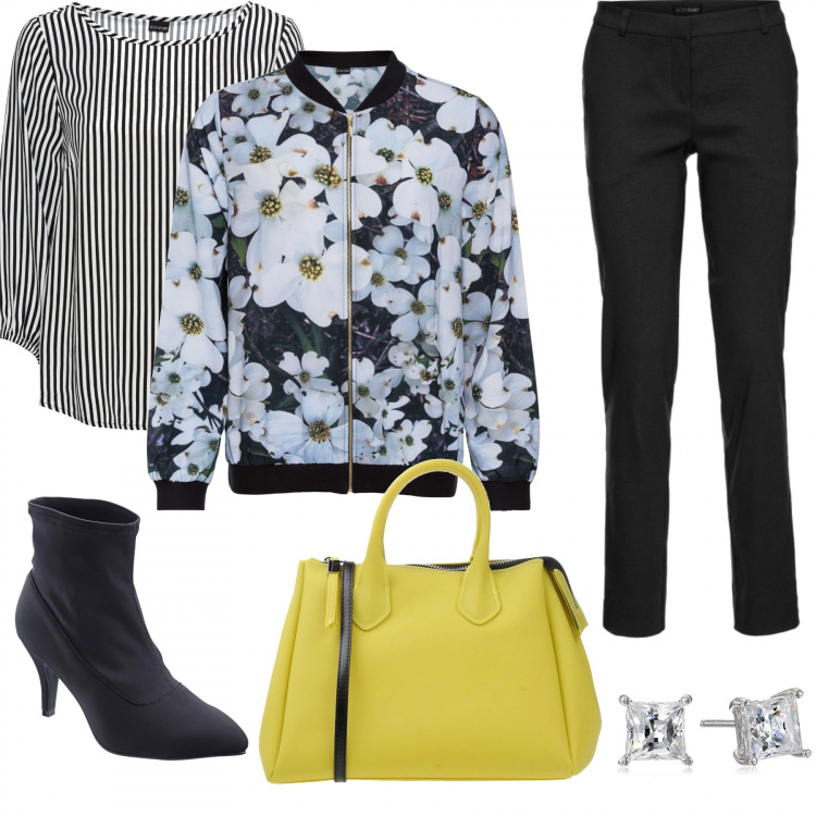 Outfit donna - Fiori fra le righe. Stile Trendy per Tutti i giorni. Abbinamento con pantaloni, giubbotto fantasia floreale con zip blu, blusa fantasia tinta unita bianco, stivaletti con tacco spillo nero, borsa a mano con zip interno sfoderato tinta unita, orecchini.