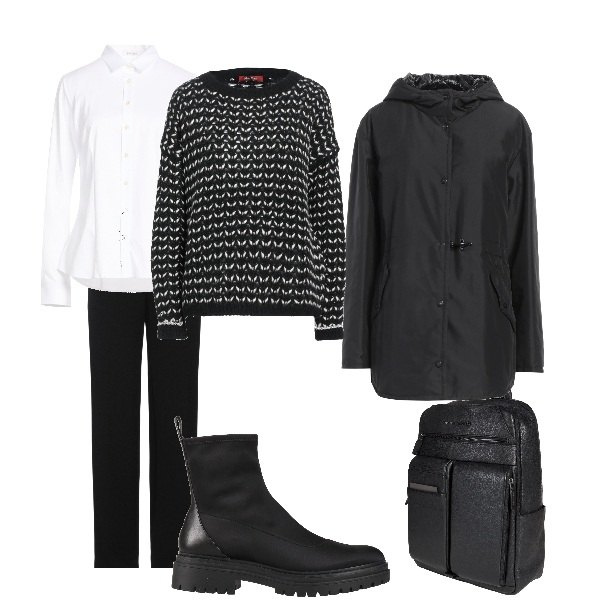 Outfit donna - mix. Stile Basic per Ufficio. Abbinamento con stivaletti, pantaloni, zaini, camicie, pullovers, parka.