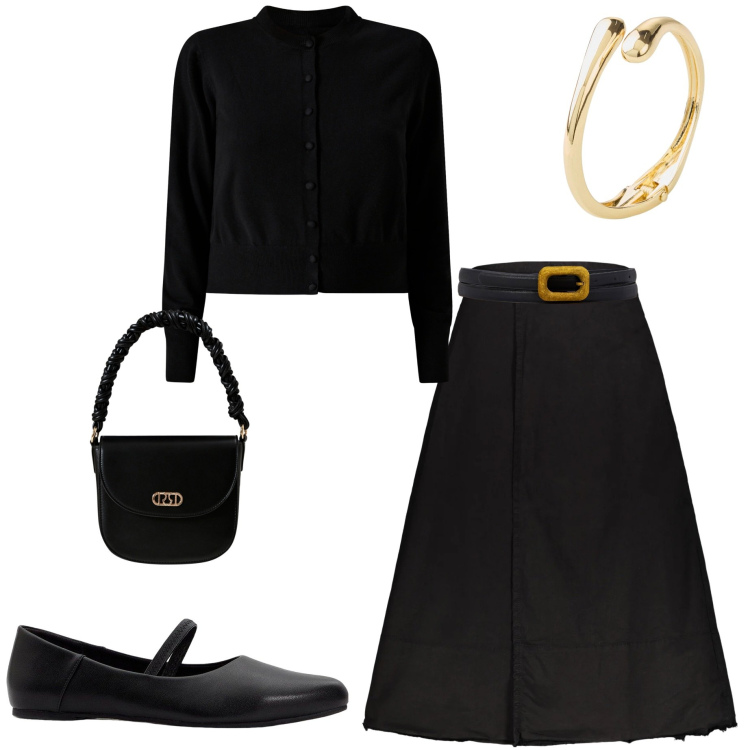 Outfit donna - Total black. Stile Bon Ton per Tutti i giorni. Abbinamento con ballerine, braccialetti, cardigans, borse a mano, gonne lunghe, cinture.
