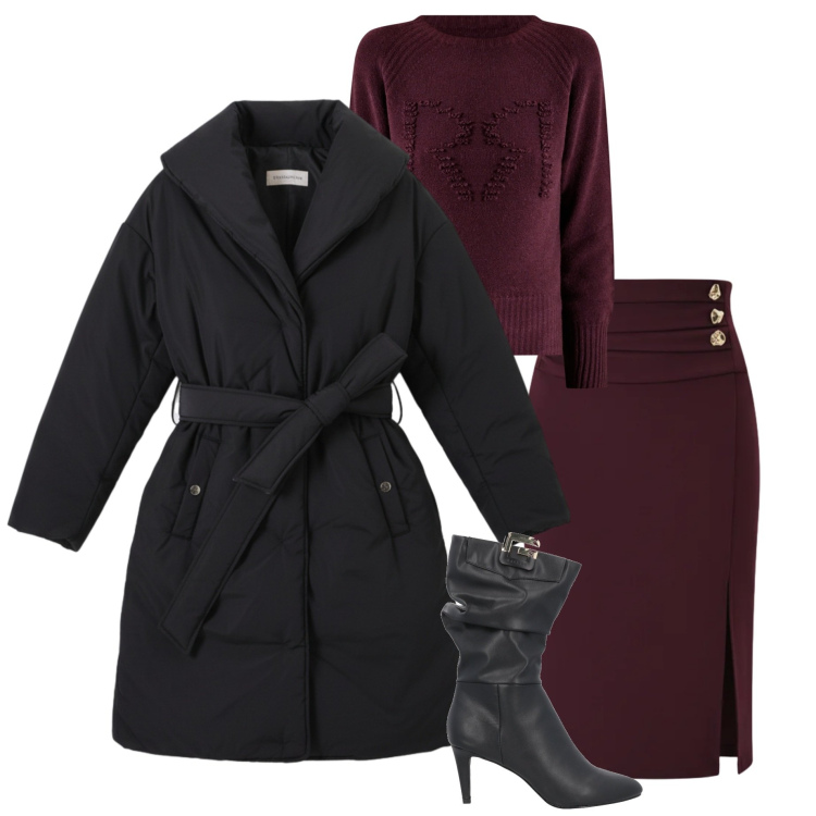 Outfit donna - In ufficio. Stile Casual chic per Ufficio. Abbinamento con stivali, maglieria, gonne longuette, piumini.