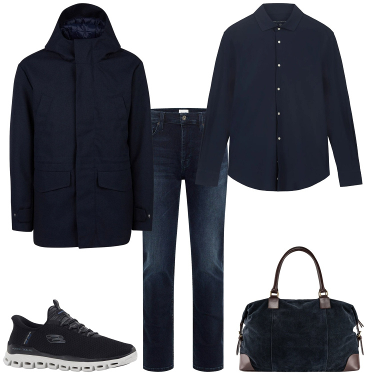 Outfit uomo - Week end fuori porta. Stile Casual per Tutti i giorni. Abbinamento con sneakers, jeans slim fit, borse sportive, camicie, giacche.