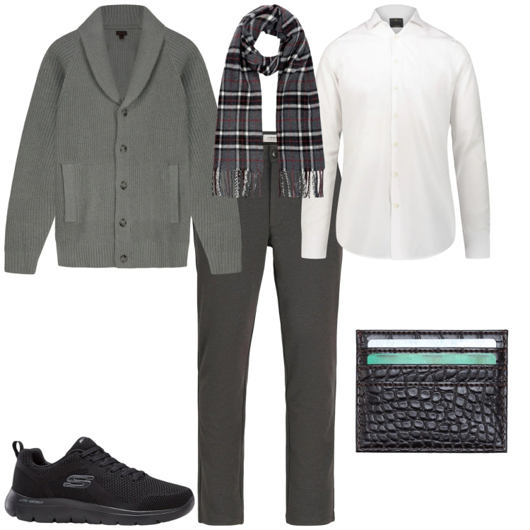 Outfit uomo - Grigio bianco per l ufficio. Stile Trendy per Ufficio. Abbinamento con sneakers, pantaloni chino, camicie, portafogli, sciarpe, cardigans.