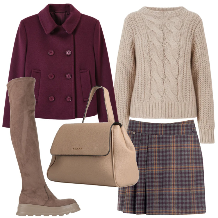 Outfit donna - Passeggiata in centro. Stile Preppy per Tutti i giorni. Abbinamento con zaini, stivali sopra il ginocchio, minigonne, maglieria, caban.