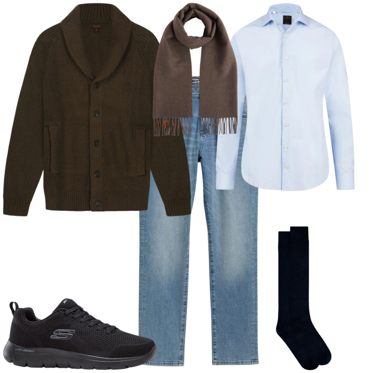 Outfit uomo - Ogni giorno con il denim. Stile Trendy per Tutti i giorni. Abbinamento con sneakers, jeans slim fit, sciarpe, camicie, calzini, cardigans.