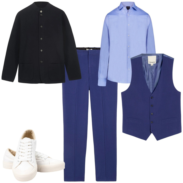 Outfit uomo - Trendy ufficio. Stile Trendy per Ufficio. Abbinamento con gilet, pantaloni, camicie, sneakers, giacche.