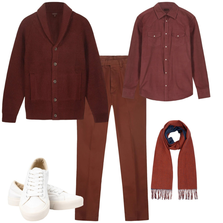 Outfit uomo - Trendy ufficio tempo libero. Stile Trendy per Tutti i giorni. Abbinamento con sneakers, pantaloni, sciarpe, camicie, cardigans.