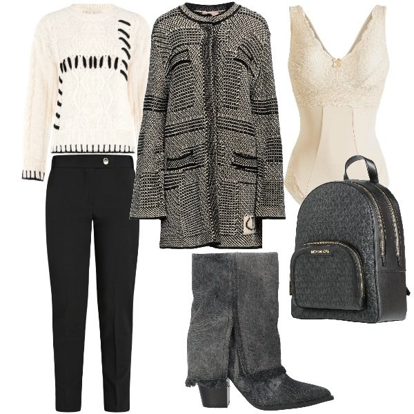 Outfit donna - Nient\'altro che me stessa. Stile Urban per Tutti i giorni. Abbinamento con body, cappotti, stivaletti, zaini, maglieria, pantaloni.