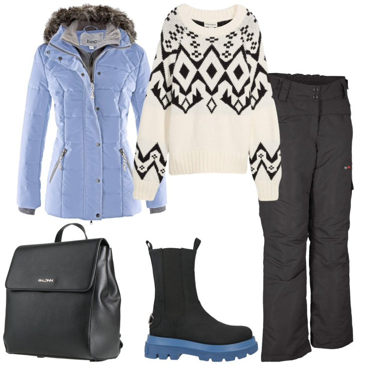 Outfit donna - Atmosfera nordica. Stile Sporty chic per Sport. Abbinamento con piumini, maglieria, pantaloni, zaini, stivaletti.