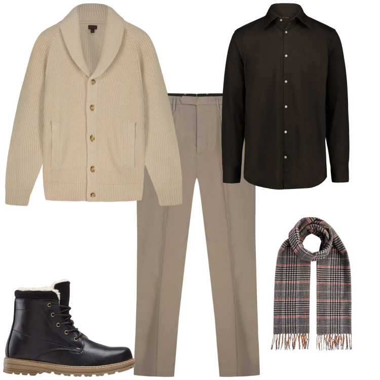 Outfit uomo - Trendy ufficio tempo libero. Stile Trendy per Tutti i giorni. Abbinamento con stivali e stivaletti, camicie, sciarpe, pantaloni, cardigans.