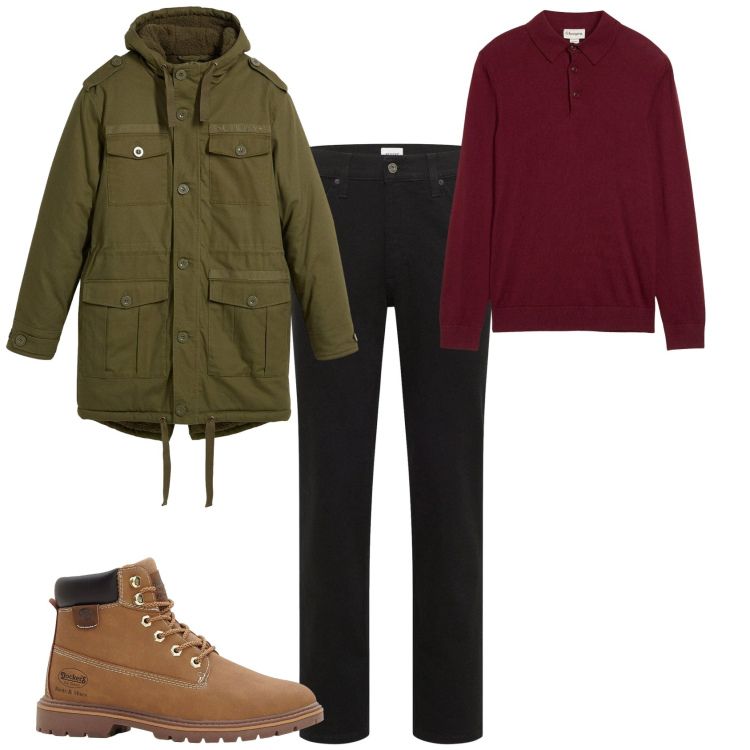 Outfit uomo - Urban ogni giorno. Stile Urban per Tutti i giorni. Abbinamento con jeans dritti, stivali e stivaletti, parka, maglieria.