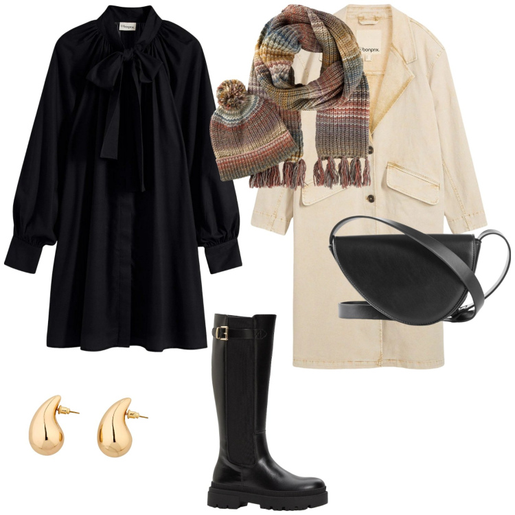 Outfit donna - Stivali neri. per Serata fuori. Abbinamento con sciarpe, vestiti, orecchini, borse a tracolla, trench, stivali.