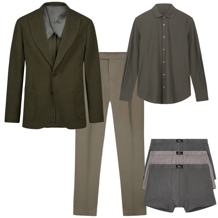 Outfit uomo - Verde marrone per l ufficio. Stile Business/Elegante per Ufficio. Abbinamento con espadrillas, boxer, giacche, camicie, pantaloni.