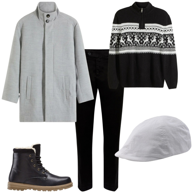 Outfit uomo - Casual week end in montagna. Stile Casual per Tutti i giorni. Abbinamento con stivali e stivaletti, maglieria, cappotti, pantaloni chino, cappelli con visiera.