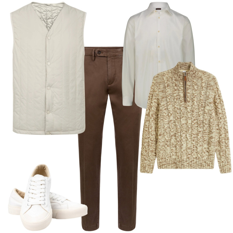 Outfit uomo - Trendy ufficio tempo libero. Stile Trendy per Tutti i giorni. Abbinamento con maglieria, sneakers, pantaloni chino, piumini, camicie.