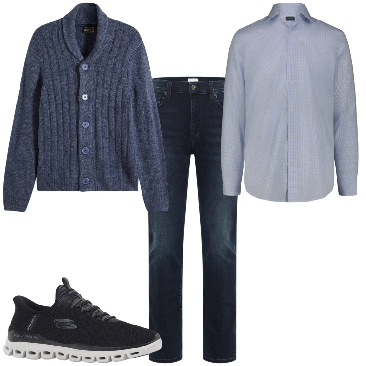 Outfit uomo - Trendy ufficio tempo libero. Stile Trendy per Tutti i giorni. Abbinamento con cardigans, sneakers, jeans slim fit, camicie.