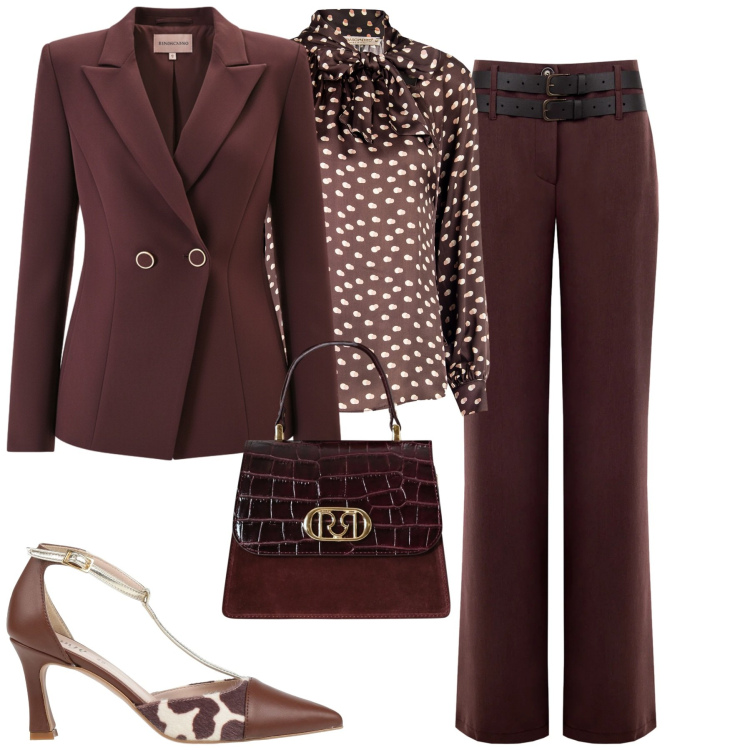 Outfit donna - Rinascimento. Stile Chic per Tutti i giorni. Abbinamento con décolleté, pantaloni, borse a mano, bluse, blazer.