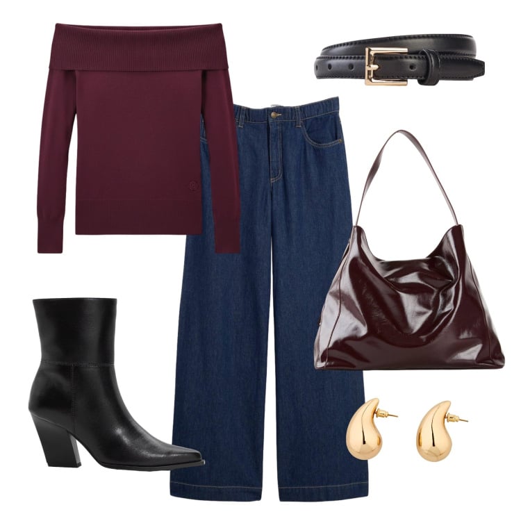 Outfit donna - Denim e burgundy. Stile Casual chic per Tutti i giorni. Abbinamento con cinture, orecchini, shopping bag, stivaletti, jeans dritti, maglieria.