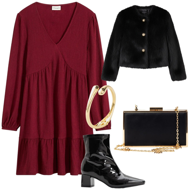 Outfit donna - Burgundy love. per Serata fuori. Abbinamento con vestiti, braccialetti, stivaletti, pochette, ecopellicce.