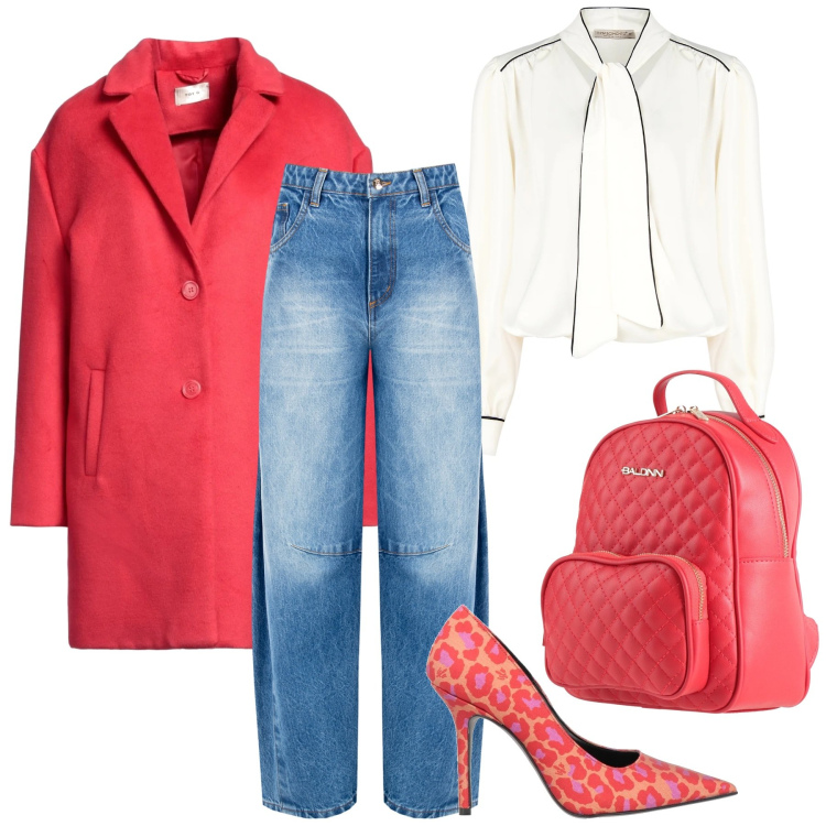 Outfit donna - Un bel fragola. Stile Glamour per Ufficio. Abbinamento con décolleté, cappotti, zaini, jeans, bluse.