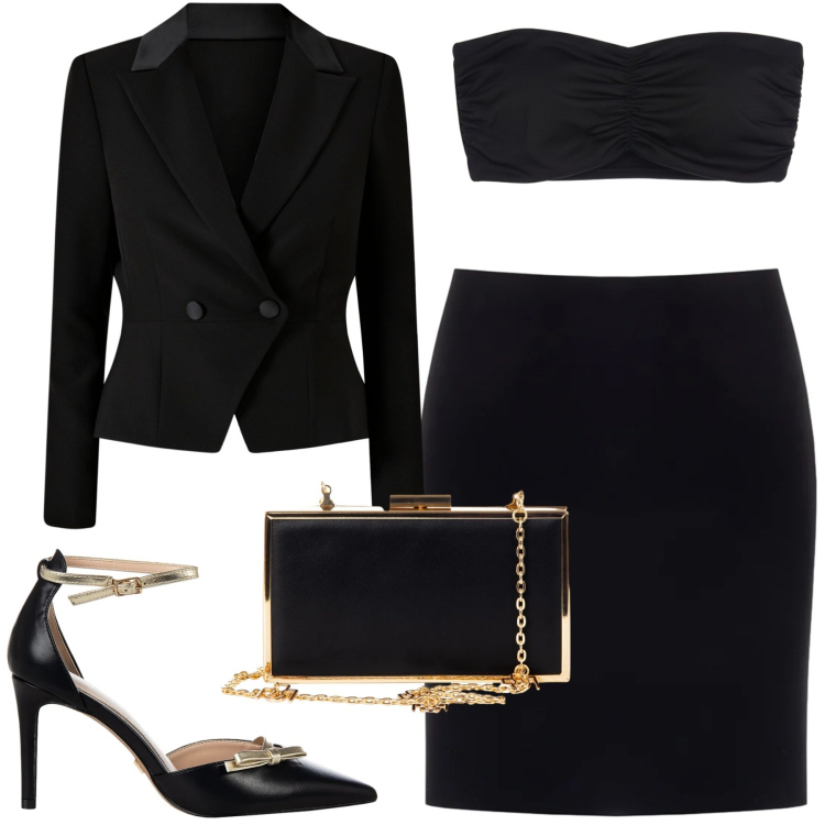 Outfit donna - Rinascimento. Stile Chic per Serata fuori. Abbinamento con top, décolleté, pochette, minigonne, blazer.