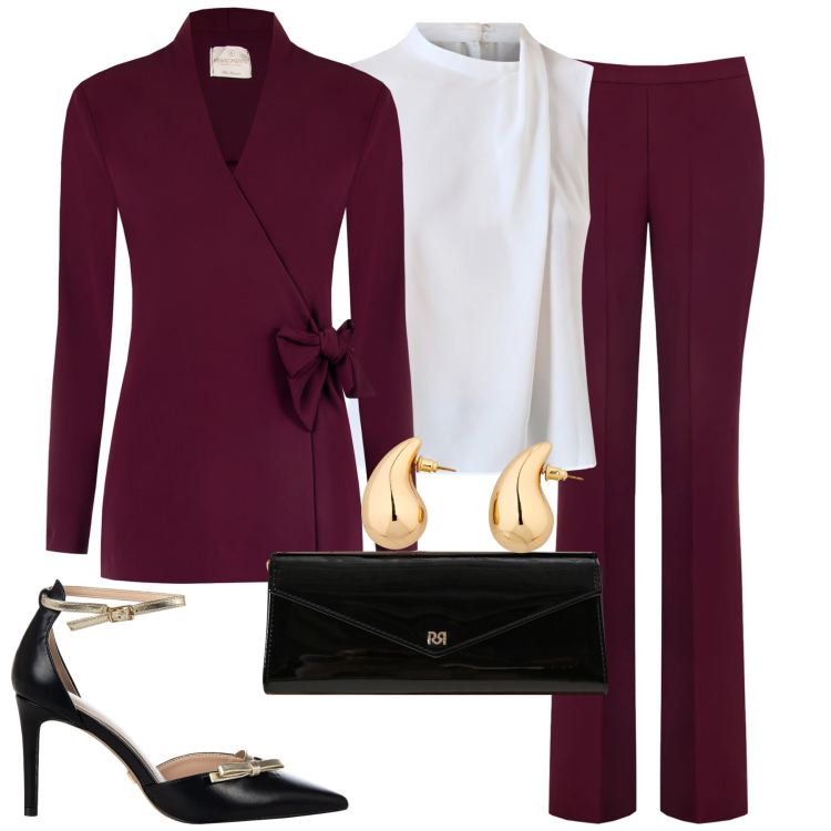 Outfit donna - Cerimonia. Stile Chic per Cerimonia. Abbinamento con orecchini, top, décolleté, pantaloni, pochette, blazer.