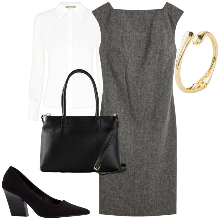 Outfit donna - City. Stile Urban per Tutti i giorni. Abbinamento con vestiti a tubino, décolleté, braccialetti, borse a mano, camicie.