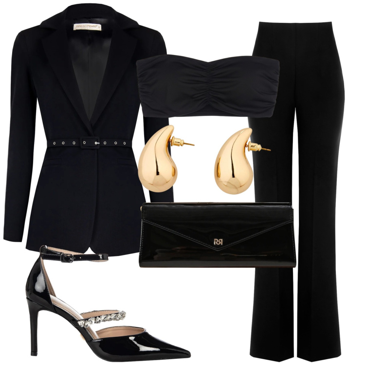 Outfit donna - Serata. Stile Chic per Serata fuori. Abbinamento con orecchini, top, pochette, pantaloni, décolleté, blazer.