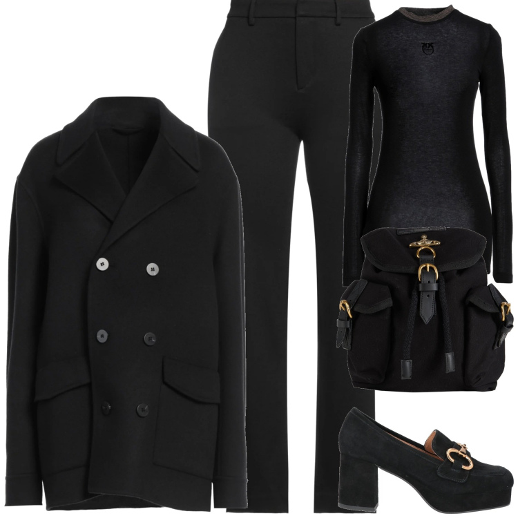Outfit donna - Black. Stile Minimal per Tutti i giorni. Abbinamento con mocassini, zaini, pantaloni, caban, t-shirt.