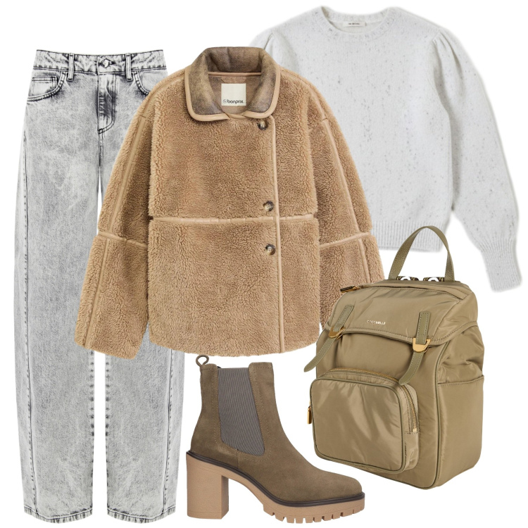 Outfit donna - Qualcosa di morbidoso. Stile Casual per Tutti i giorni. Abbinamento con blazer, zaini, stivaletti chelsea, jeans, maglieria.