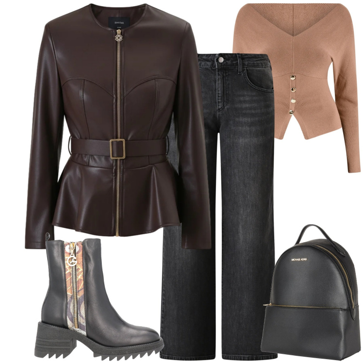 Outfit donna - Total look #2327661. Stile Casual chic per Tutti i giorni. Abbinamento con zaini, stivaletti, jeans dritti, maglieria, giacche.