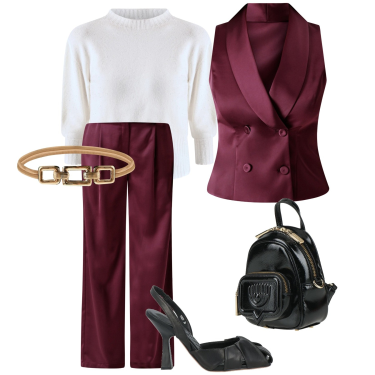 Outfit donna - Burgundy love. per Tutti i giorni. Abbinamento con zaini, décolleté, pantaloni a palazzo, gilet, cinture, maglieria.