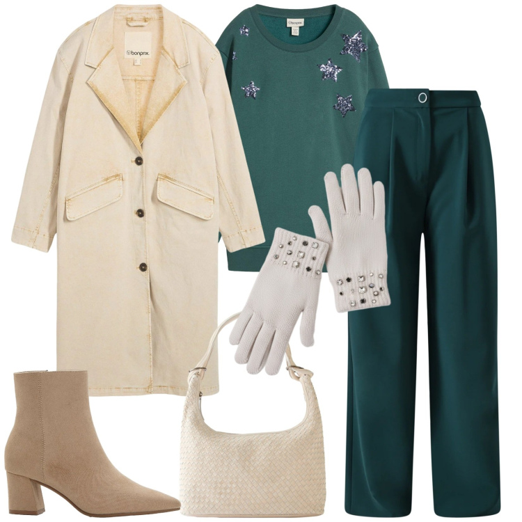 Outfit donna - Total look #2327666. Stile Chic per Tutti i giorni. Abbinamento con felpe, trench, stivaletti, shopping bag, pantaloni a palazzo, guanti.