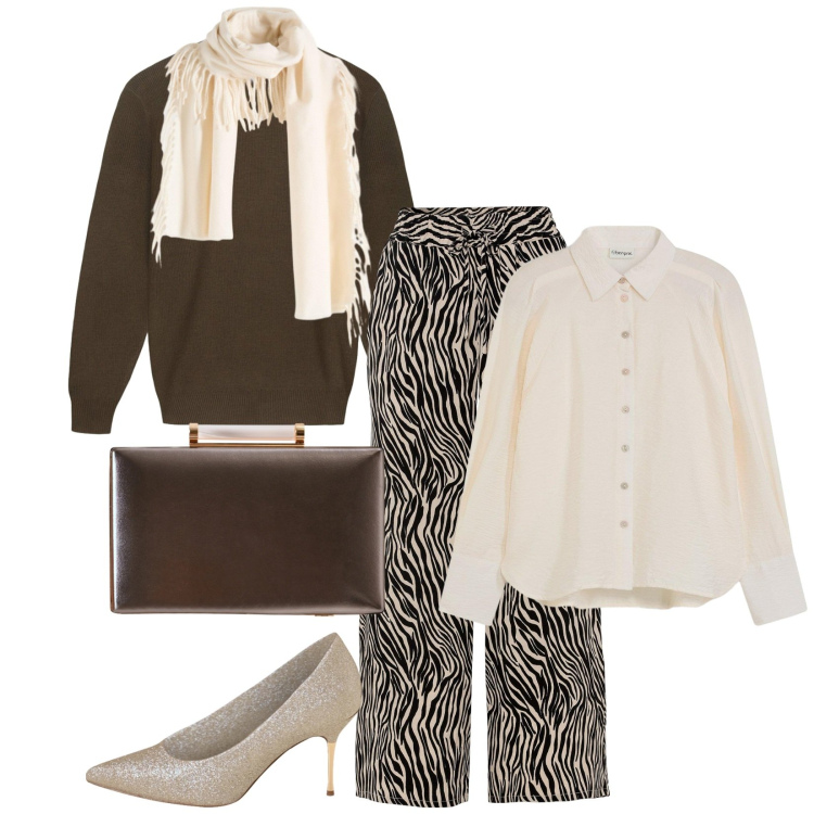 Outfit donna - Total look #2327668. Stile Chic per Ufficio. Abbinamento con camicie, pantaloni culotte, sciarpe, clutch, décolleté, maglieria.