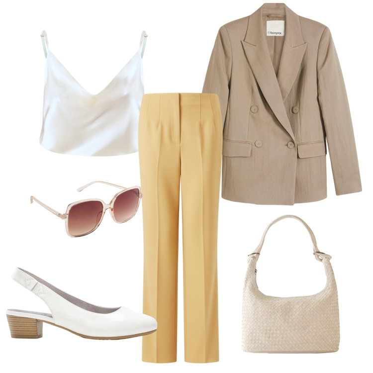 Outfit donna - Minimalist Vanilla Chic. Stile Minimal per Tutti i giorni. Abbinamento con décolleté, blazer, occhiali da sole, shopping bag, canottiere, pantaloni.