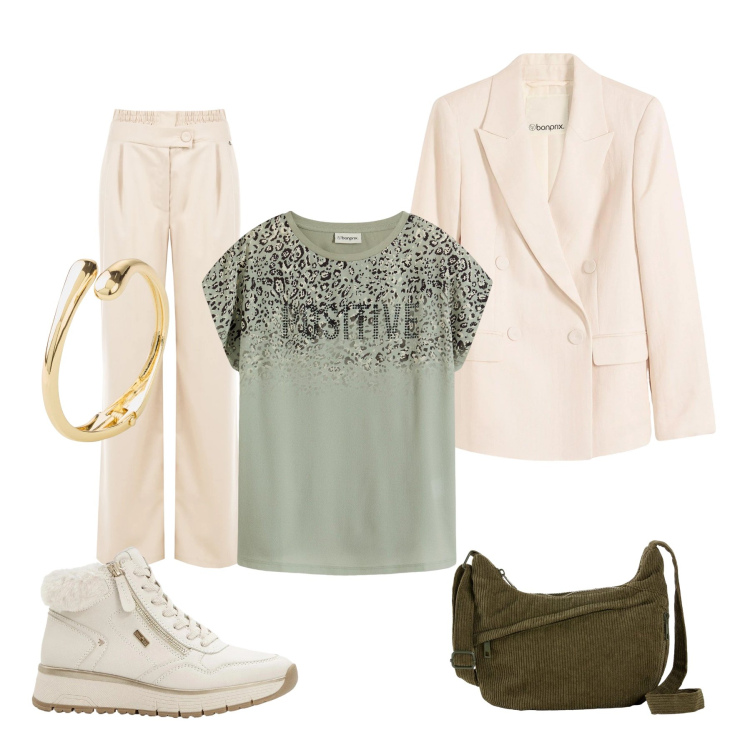 Outfit donna - Positive Wild Vibes. Stile Casual chic per Tutti i giorni. Abbinamento con sneakers, blazer, maglieria, braccialetti, borse a tracolla, pantaloni a palazzo.