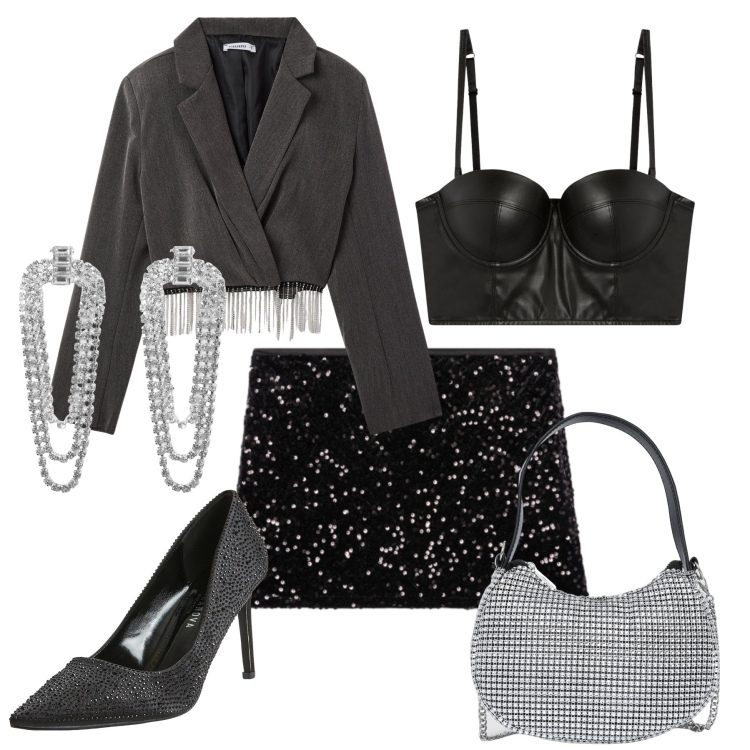 Outfit donna - San Valentino glamour e brillante. Stile Glamour per Serata fuori. Abbinamento con décolleté, blazer, borse a spalla, orecchini, bralette, minigonne.