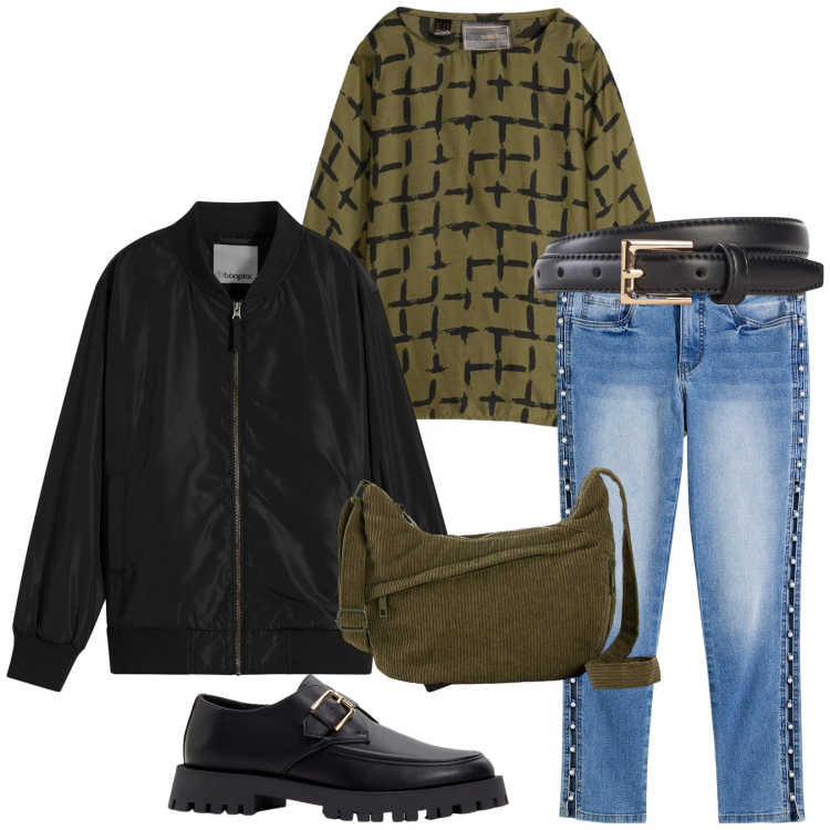 Outfit donna - Total look #2327694. Stile Casual chic per Tutti i giorni. Abbinamento con bluse, cinture, mocassini, borse a tracolla, bomber, jeans skinny.