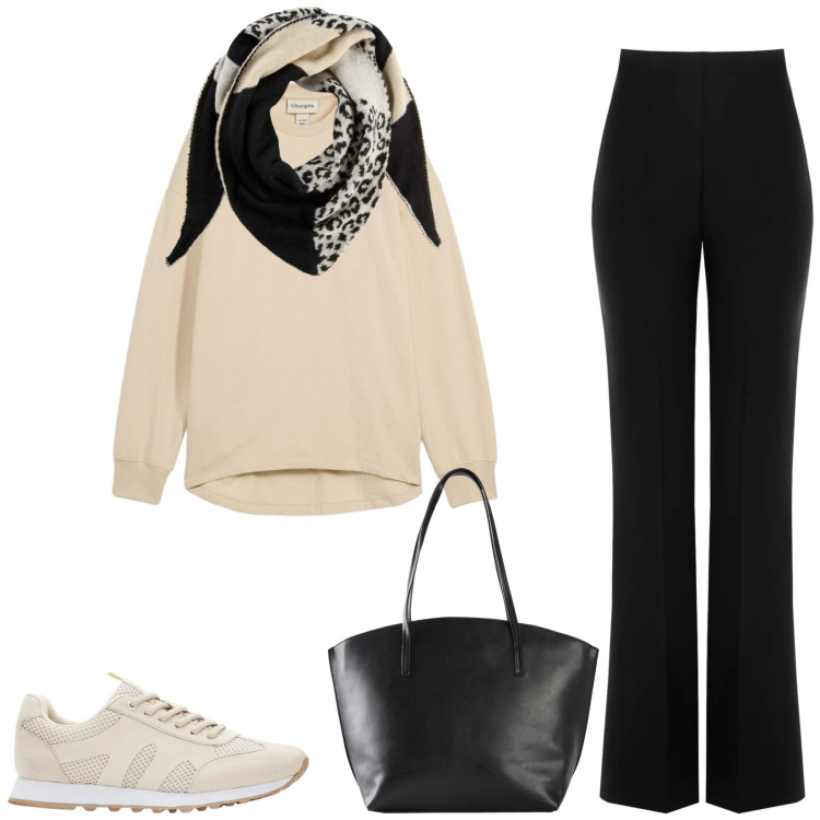 Outfit donna - Total look #2327702. Stile Sporty chic per Tutti i giorni. Abbinamento con foulard, felpe, shopping bag, sneakers, pantaloni.