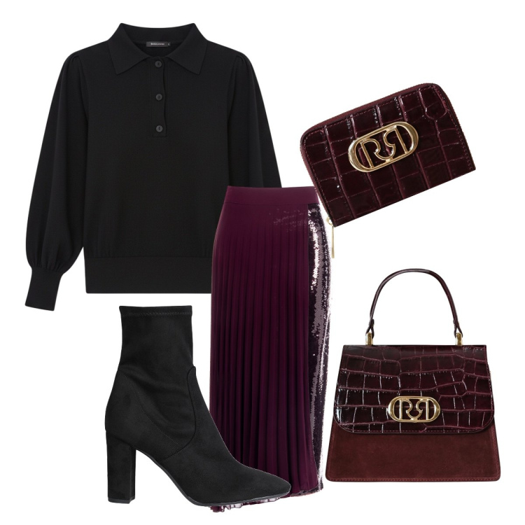 Outfit donna - Febbraio love. Stile Glamour per Serata fuori. Abbinamento con stivaletti, gonne longuette, portafogli, borse a mano, polo.