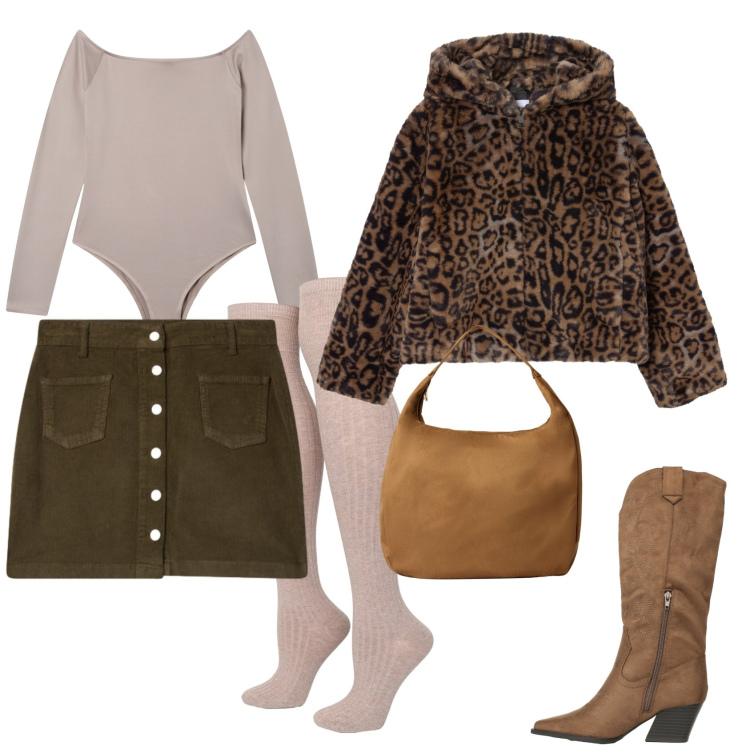 Outfit donna - Total look #2327708. Stile Casual chic per Serata fuori. Abbinamento con borse a mano, body, calzini, ecopellicce, minigonne, stivali.