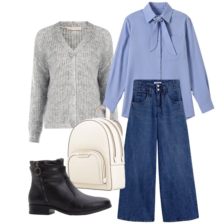 Outfit donna - Total look #2327711. Stile Casual per Ufficio. Abbinamento con jeans, stivaletti, zaini, cardigans, camicie.