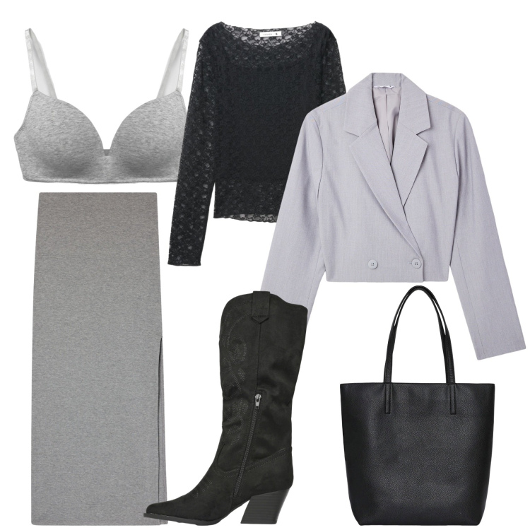 Outfit donna - Total look #2327720. Stile Casual chic per Serata fuori. Abbinamento con borse tote, blazer, gonne lunghe, reggiseni, stivali, t-shirt.