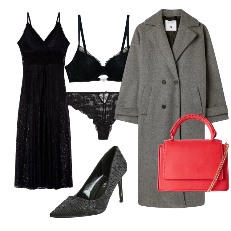 Outfit donna - Chiaroscuro. Stile Chic per Serata fuori. Abbinamento con borse a tracolla, cappotti, culotte, reggiseni push-up, décolleté, vestiti lunghi.