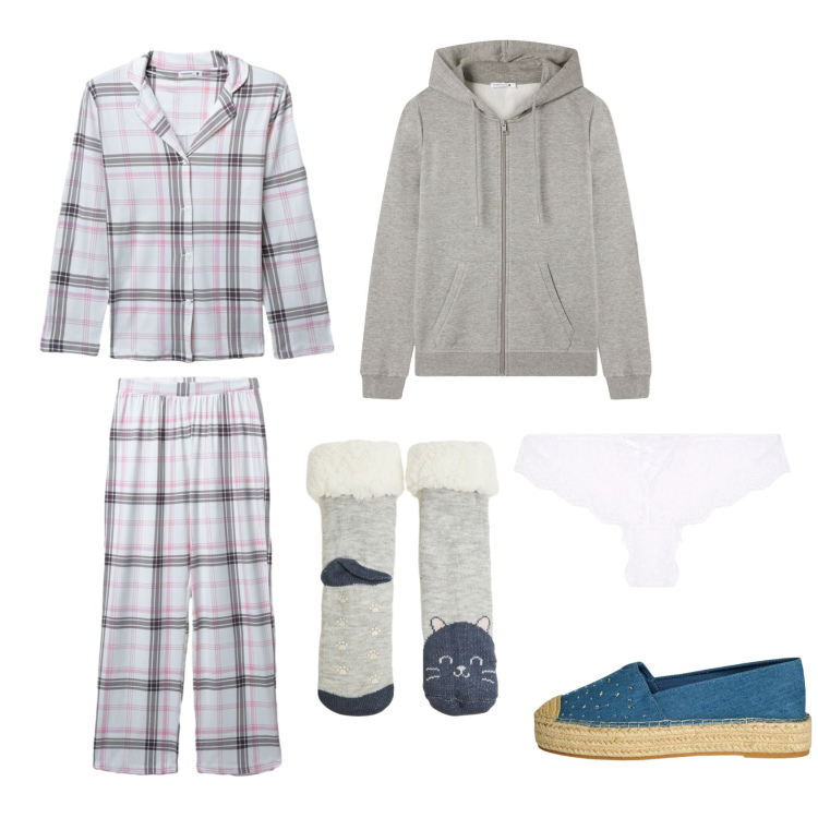 Outfit donna - San Valentino di relax. Stile Casual per Tutti i giorni. Abbinamento con espadrillas, culotte, felpe con cappuccio, pigiama, calzini.
