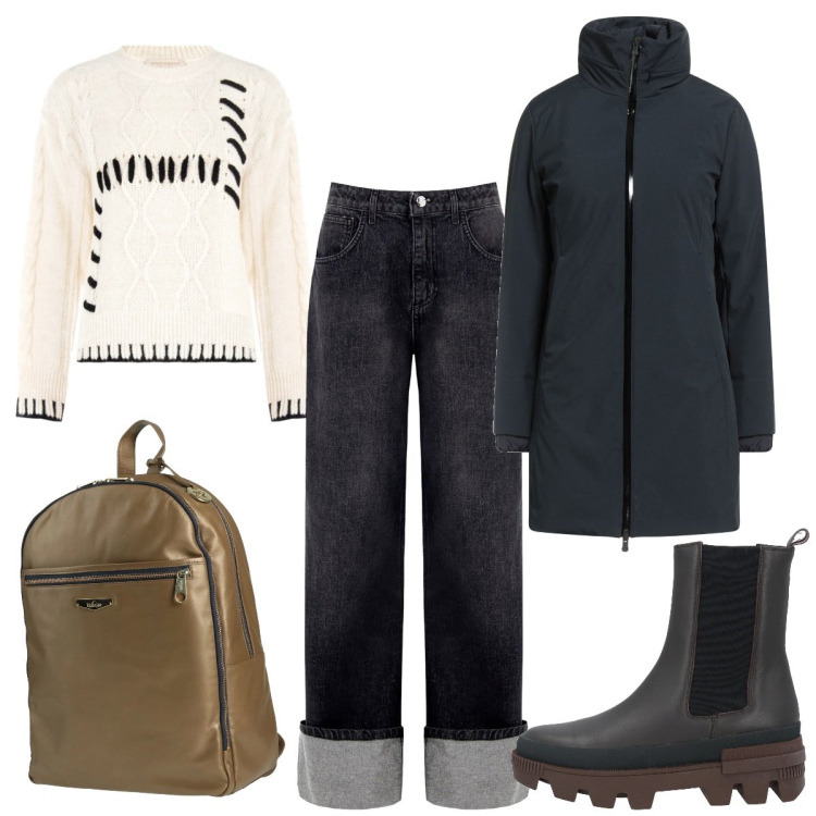 Outfit donna - Total look #2327749. Stile Urban per Tutti i giorni. Abbinamento con zaini, stivaletti chelsea, parka, maglieria, jeans.