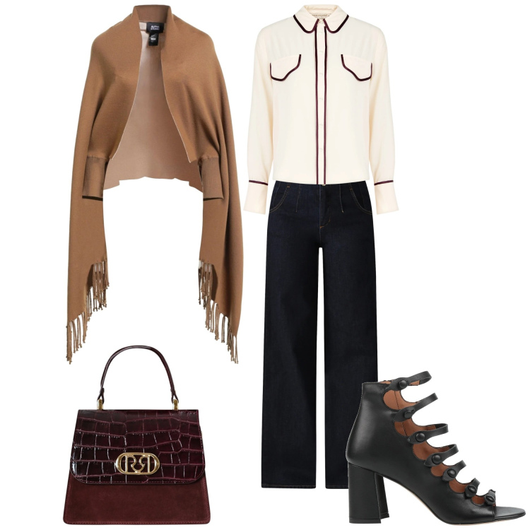Outfit donna - Apericene. Stile Casual chic per Serata fuori. Abbinamento con cappe, stivaletti, camicie, borse a mano, jeans.